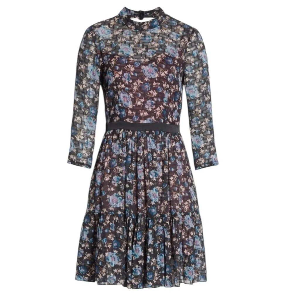 REBECCA TAYLOR Silk Solstice Floral High Neck Short Dress Black Size 0